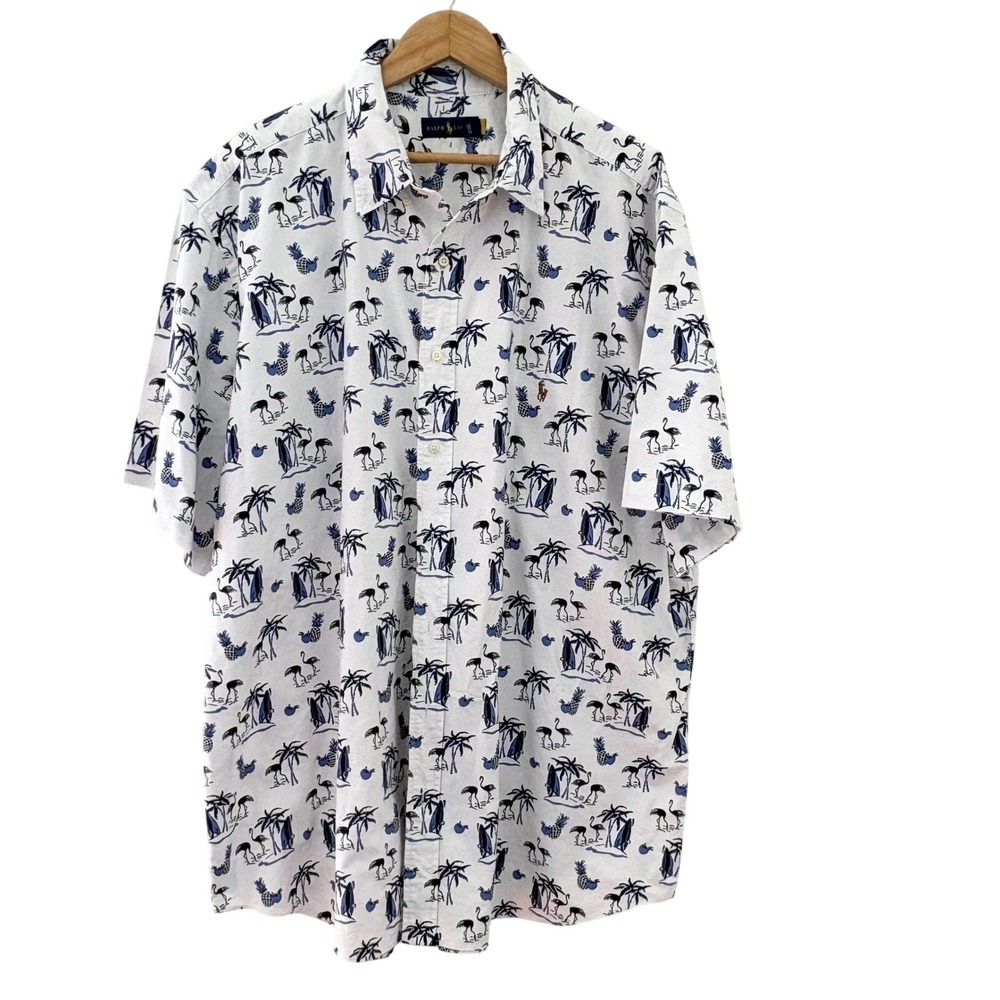 Ralph Lauren‎ Flamingo Pineapple Tropical Button Down Men 3XLT White100% Cotton
